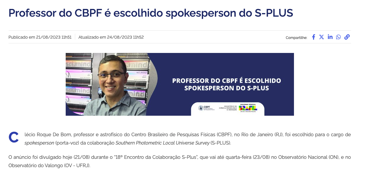 Professor do CBPF é escolhido spokesperson do S-PLUS